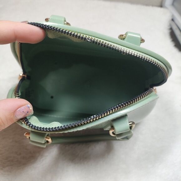 Glossy Green Double Handle Small Purse Gold Zipper - Patent Leather Finish Like - Picture 5 of 8